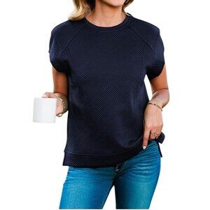 Short Sleeve Textured Top Womens Large Black New WOT